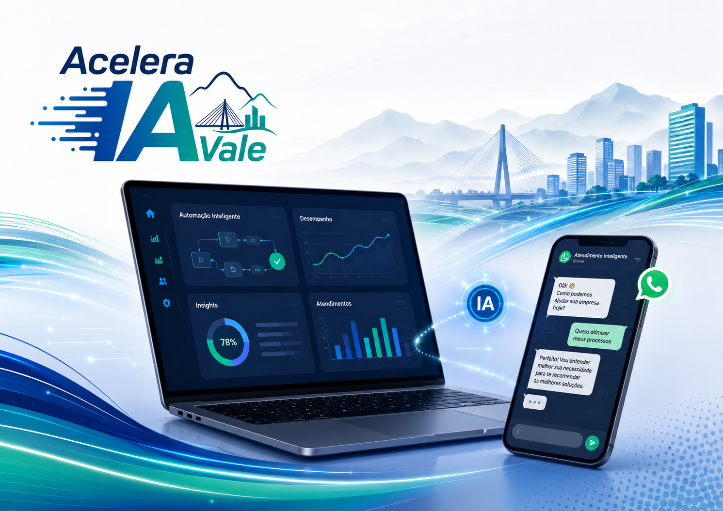 Acelera IA Vale com notebook, dashboard de IA, atendimento inteligente e elementos do Vale do Paraíba